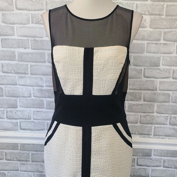 Cache Black White Colorblock Croc Embossed Dress Bodycon Mesh Inlay 12 Rock Chic - Picture 9 of 10